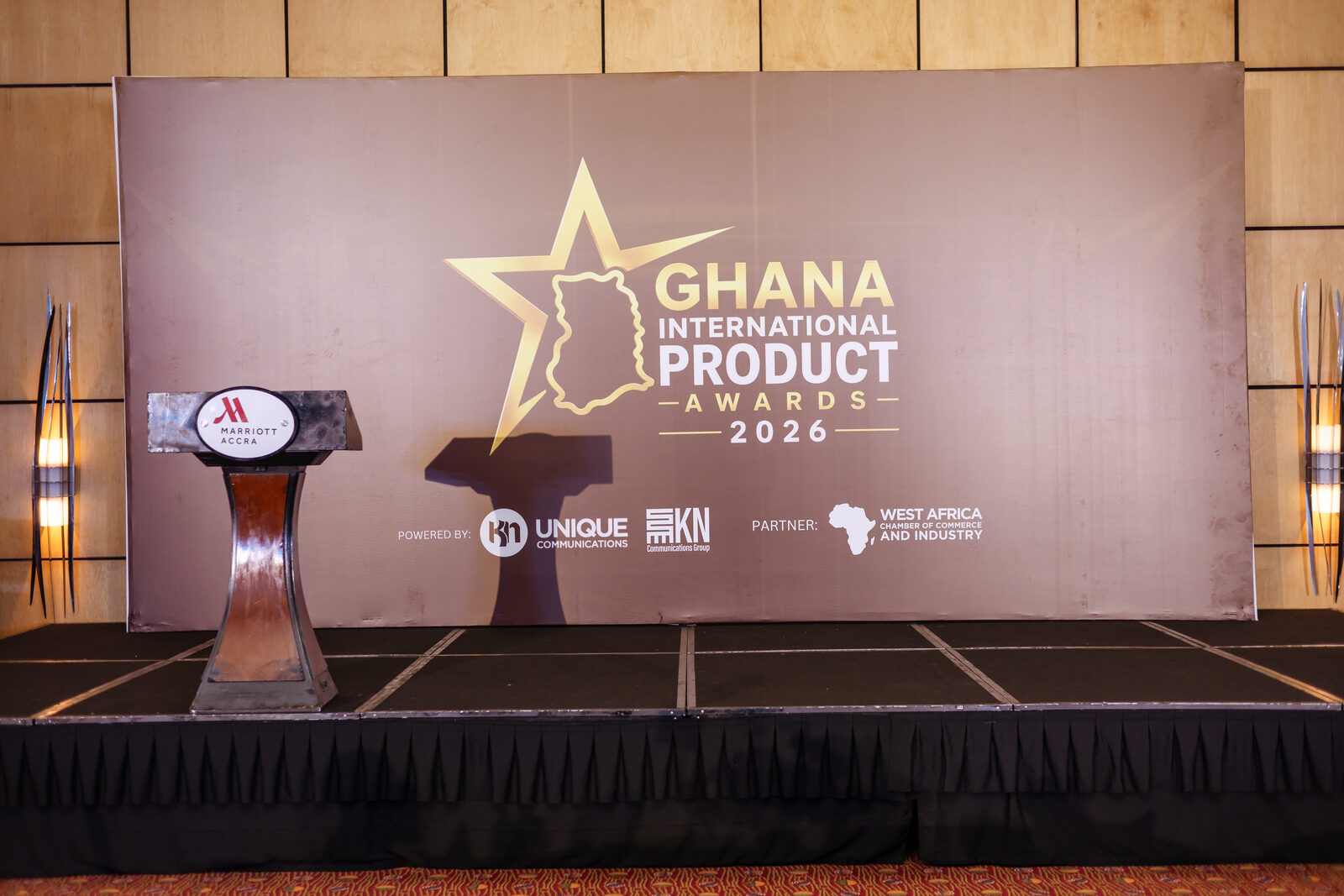 Ghana International Product Awards 2026 stage backdrop at Marriott Accra