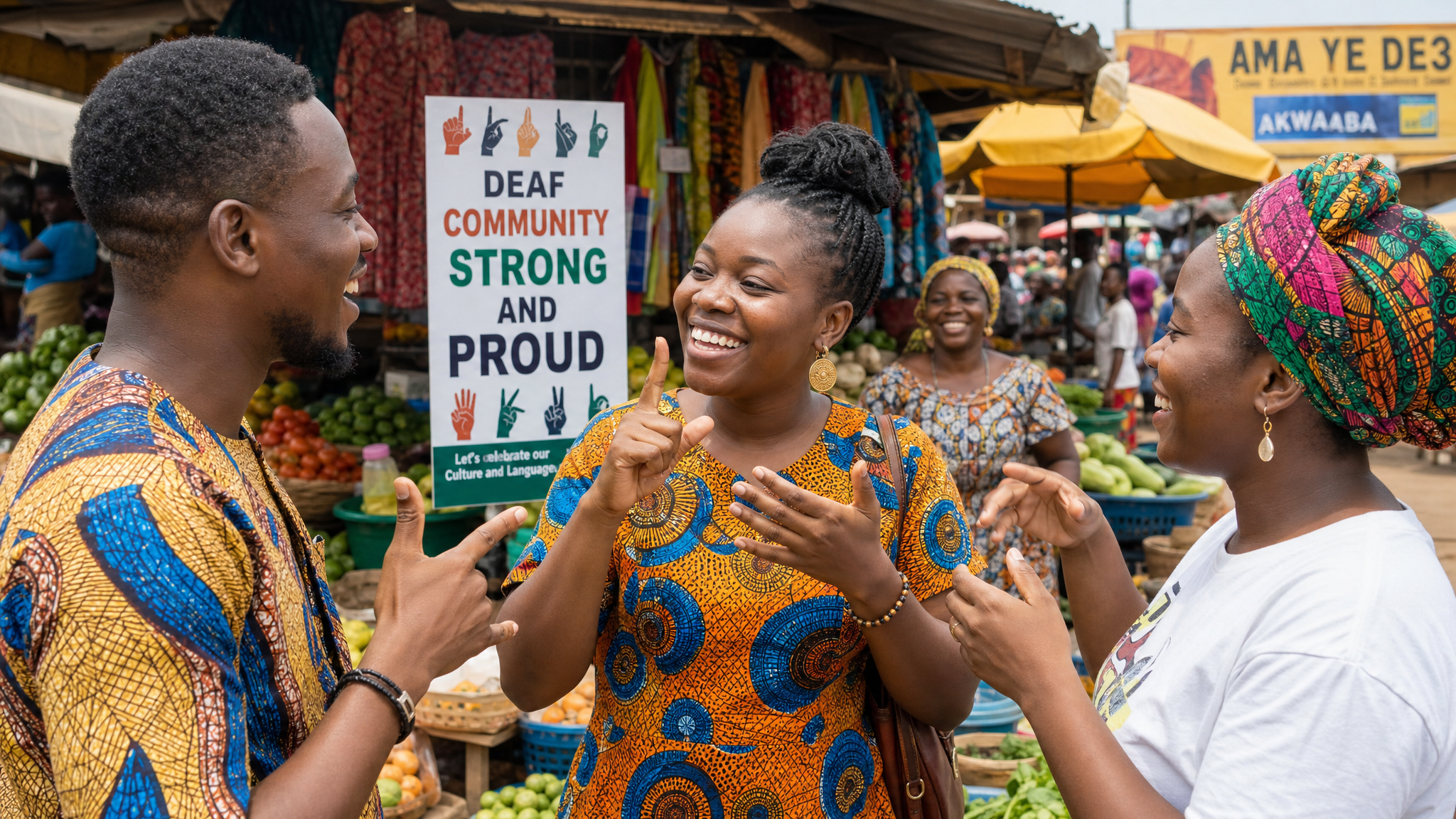 Deaf community members communicating through sign language in a Ghanaian market